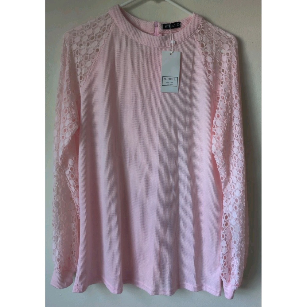 NWT Miholl Women's Pink Long Sleeve Thermal Lace Sleeve Top Size Large Back Zip